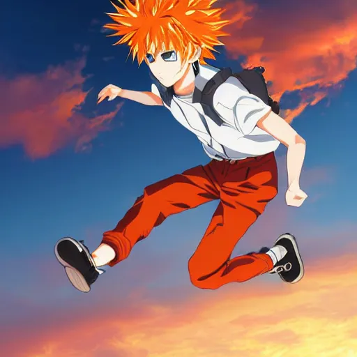 Image similar to orange - haired anime boy, 1 7 - year - old anime boy with wild spiky hair, wearing red jacket, flying through sky, jumping through clouds, late evening, blue hour, cirrus clouds, pearly sky, ultra - realistic, sharp details, subsurface scattering, blue sunshine, intricate details, hd anime, 2 0 1 9 anime