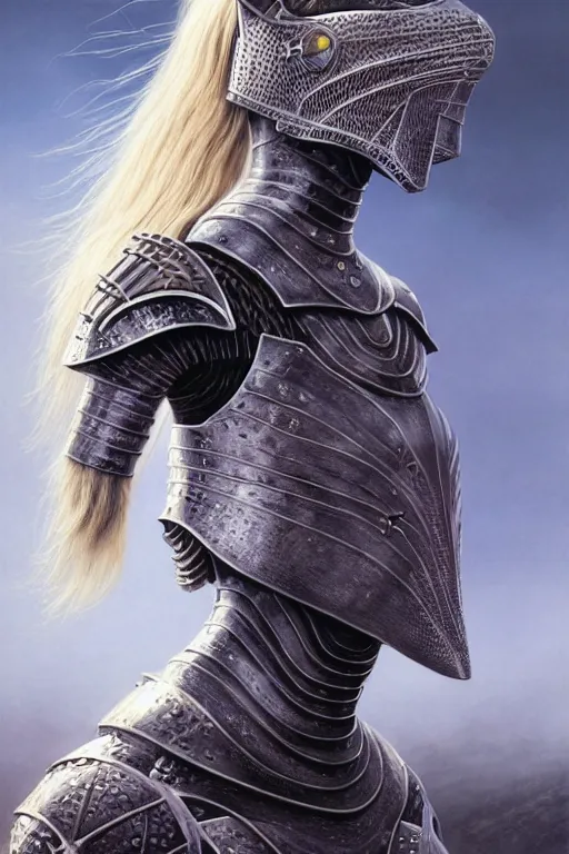 Image similar to female knight with cat on her head in the wild nature, armor design by wayne barlowe, blonde hair, symmetry, sci - fi, dark fantasy, perfect light and composition, 4 k, ultra hd, sense of awe, highly detailed, realistic, intricate