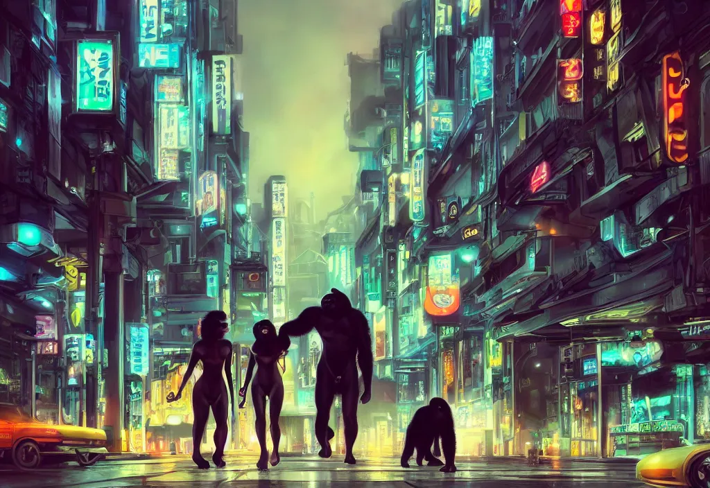 Image similar to a beautiful woman taking a gorilla for a walk in a cyber punk tokyo street, futuristic, realism, wide shot, busy street, dramatic lighting, neon signs, digital art, 8k resolution, high detail, by Boris Vallejo