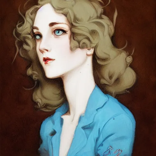 Image similar to a portrait in the style of charles dana gibson and in the style of peter mohrbacher. porcelain skin, big blue eyes.