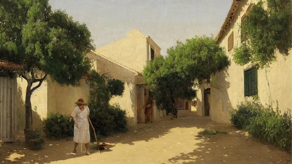 Image similar to a beautiful extremely complex painting of a street in a mediterranean village in summer by peter ilsted, whitewashed housed, tall cypress trees, blue shutters on windows, elderly woman sweeping the ground with a broom, national gallery of art highlights