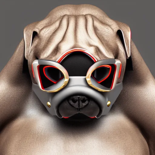 Image similar to 3 d rendered hyper realistic hyper detailed pug wearing a shiny leather gimp mask with zippers covering its face, octane render, blender, 8 k