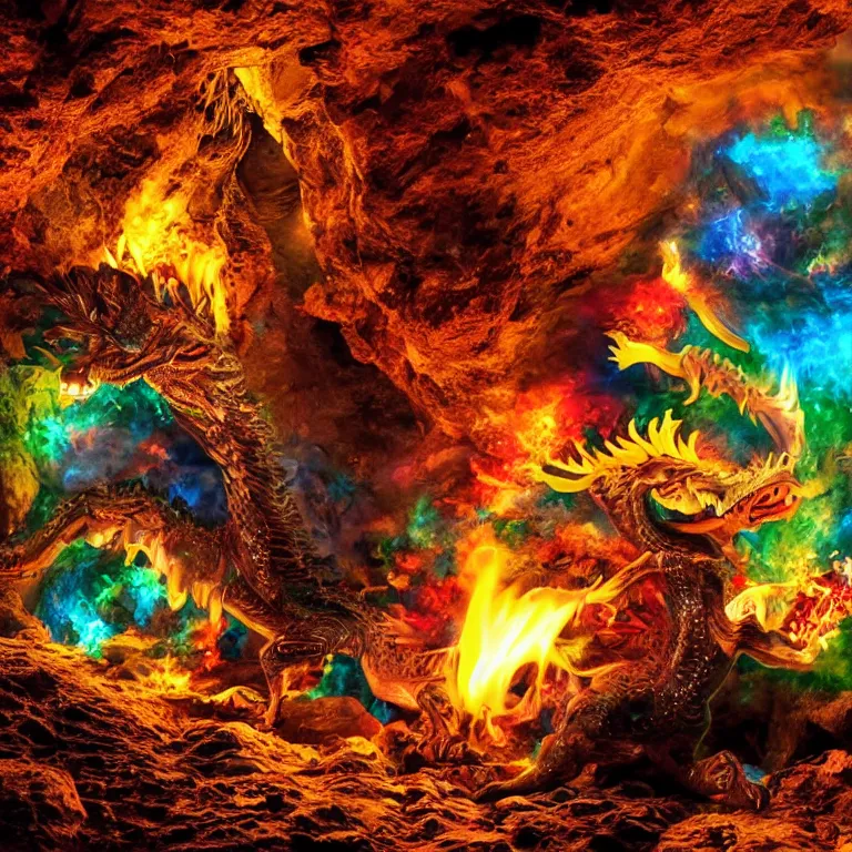 Prompt: a 3d artistic photo of a cave dragon blowing fire using its mouth to the sparkly colorful crystals in the cave