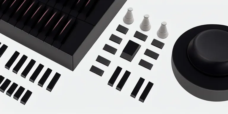 Image similar to dezeen showroom , lot2046, archdaily, minimalissimo, houdini , teenage engineering moad, product design concept, top down view of plugs & knobs of moog melotron synthesizer 3d model made by jony ives, dieter rams, 8k, high detailed photo