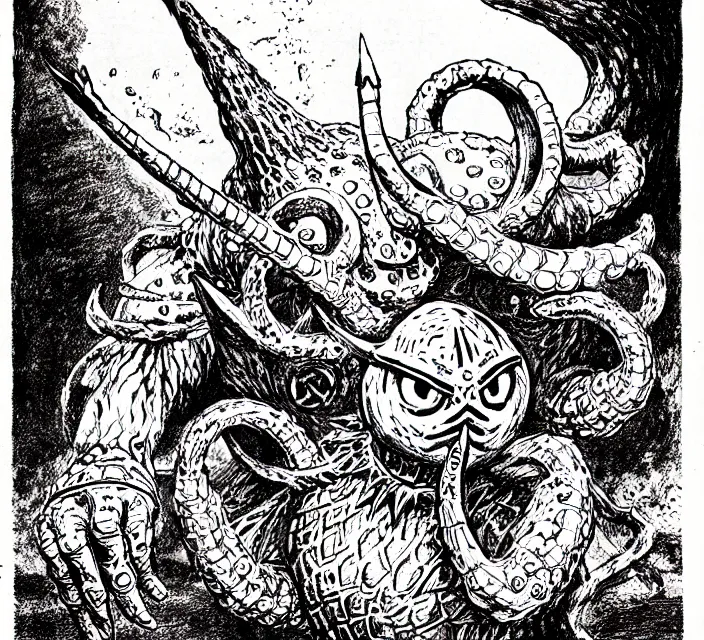 Image similar to an octorok from legend of zelda as a d & d monster, pen - and - ink illustration, etching, by russ nicholson, david a trampier, larry elmore, 1 9 8 1, hq scan, intricate details, high contrast, no background