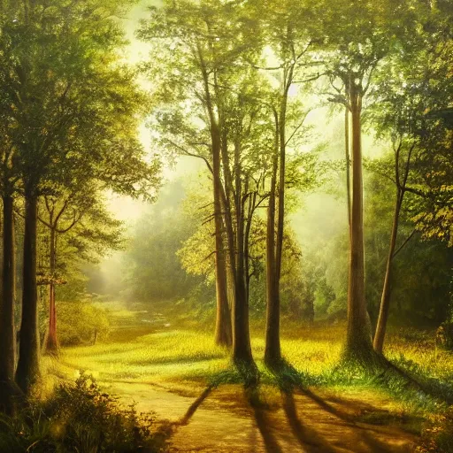 Prompt: oil painting depicting a beautiful forest, there are flowers, big oak trees, grass, there is an audi a4 standing in the middle facing the camera, the sun is shining through the leaves, godrays, fantasy