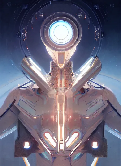 Image similar to symmetry, hi - tech robot in a spaceship intricate, elegant, highly detailed, digital painting, artstation, concept art, smooth, sharp focus, illustration, art by artgerm and greg rutkowski and alphonse mucha