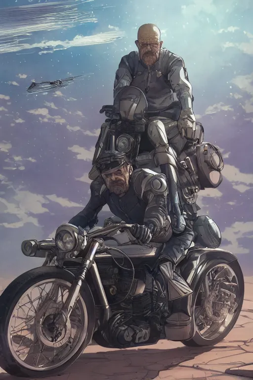 Prompt: walter white riding a futuristic motorcycle on an abandonment planet, high intricate details, rule of thirds, golden ratio, cinematic light, 8 k, octane render, anime style, graphic novel by fiona staples and dustin nguyen, art by beaststars and orange, peter elson, alan bean, studio ghibli, makoto shinkai