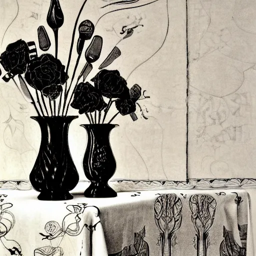 Prompt: a vase of black roses on a table with an ornate patterned tablecloth, in the style of yoshitaka amano, photorealistic, painted by wassily kandinsky and hr giger and georgia okeeffe, moody lighting, black and white illustration, sharp, detailed