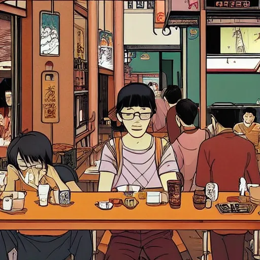 Prompt: a singaporean coffeeshop, by satoshi kon