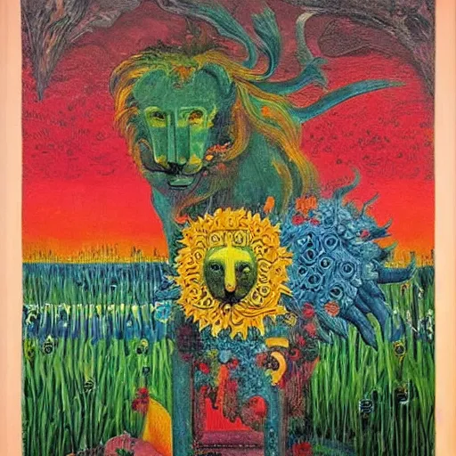 Image similar to decalcomania lion and flowers, beautiful art by max ernst,