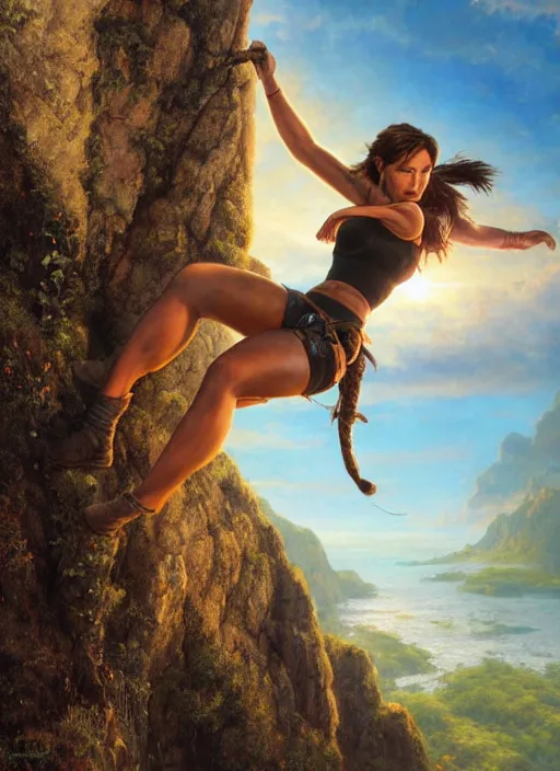 Image similar to Lara Croft climbing a rock, golden hour, Lilia Alvarado, Sophie Anderson, Mark Arian, Bob Byerley, Charlie Bowater, Mark Brooks, Steve Henderson, Justin Gerard, Arthur Hughes, Edward Robert Hughes, Mark Keathley, Victor Nizovtsev, Carlos Shwabe, Ross Tran, WLOP