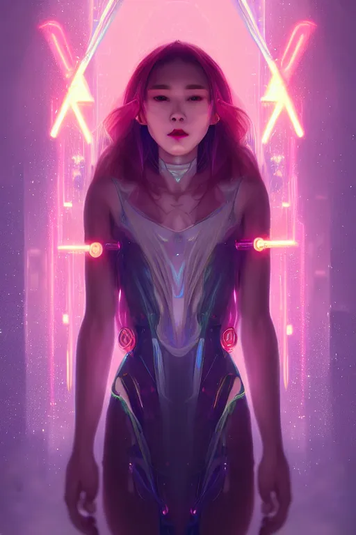 Image similar to portrait futuristic wizard Girl with thunder and fire sparkles and starlight, n future cyberpunk tokyo rooftop , ssci-fi, fantasy, intricate, very very beautiful, elegant, human anatomy, human structure, neon light, highly detailed, digital painting, artstation, concept art, smooth, sharp focus, illustration, art by tian zi and WLOP and alphonse mucha