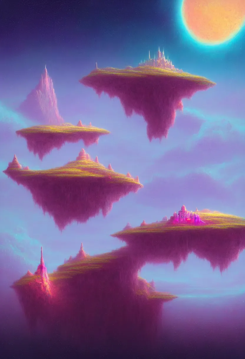 Image similar to an ultra detailed midjourney concept digital art painting of a singular floating island with a castle, flying citadel levitating across space in a misty pearlescent nebula by paul lehr kazumasa uchio situated in a starry expanse of bioluminescent cosmic worlds by beksinski and beeple, ecological art, flying citadel with towers, trending on artstation