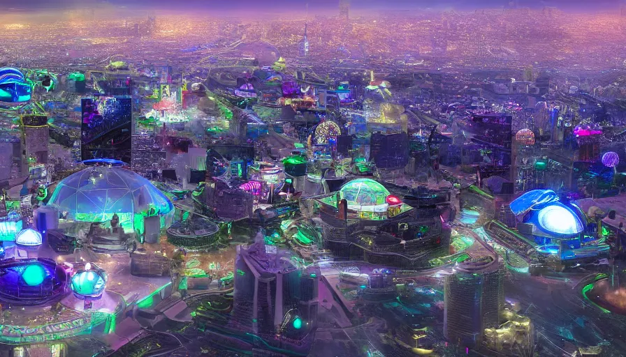 Prompt: futuristic las vegas with glass domes, big green alley, lights at night, parks, view from a hill, hyperdetailed, artstation, cgsociety, 8 k