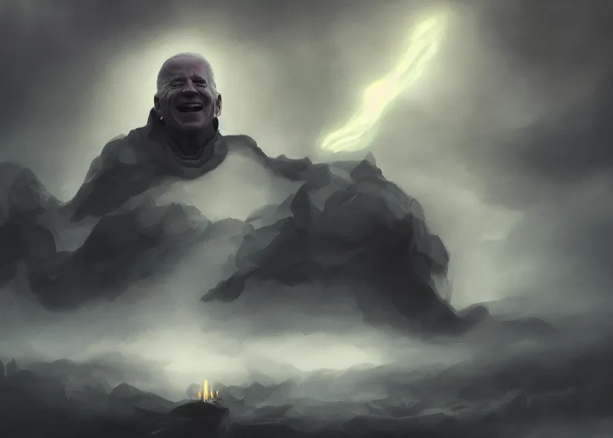 Image similar to abstract painting of giant Joe Biden smiling evil emperor of the world emerging in dark clouds, Sidious, noxious, cosmic horror, evil, dangerous, trending on ArtStation, masterpiece, by Greg Rutkowski, by Ross Tran, by Fenghua Zhong, octane, lightbeam eyes, soft render, clear facial features, oil on canvas, moody lighting, cinematic, professional environment concept art