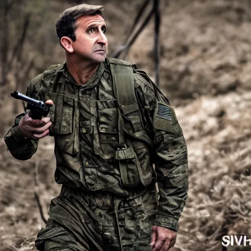 Image similar to steve carrel wearing military outfit and camouflage cinematic photoshoot high quality highly affordable photo realistic 8 k hd