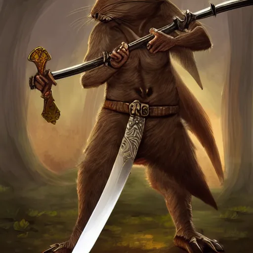 Prompt: antropomorphic rat character buying a sword made out of bone from a trader rat, fantasy art, digital art, fantasy art, matte painting