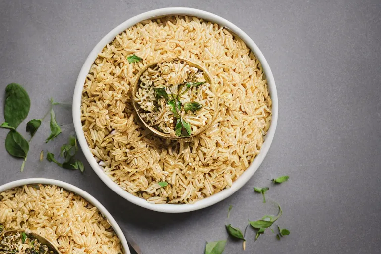 Image similar to a golden ornate bowl of rice. Professional studio photography