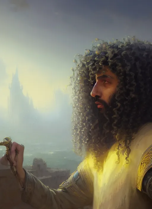 Image similar to highly detailed portrait arab man curly hair knight, hero, yellow charcoal, stephen bliss, 8 k, unreal engine, fantasy art by greg rutkowski, loish, rhads, ferdinand knab, makoto shinkai and lois van baarle, ilya kuvshinov, rossdraws, tom bagshaw, global illumination, radiant light, detailed and intricate environment