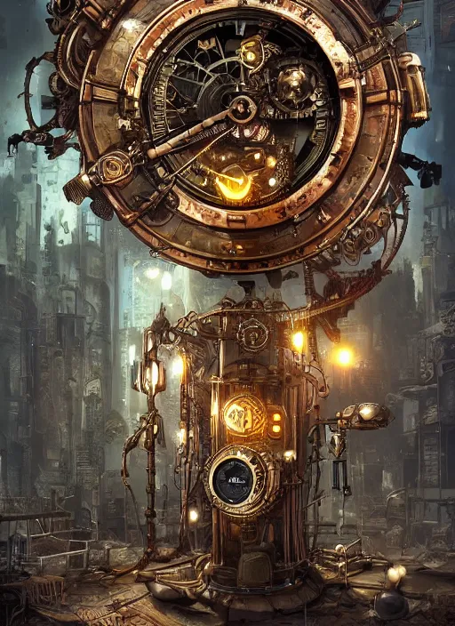 Prompt: steampunk time machine placed in the center of abandoned post Apocalyptic fututre cyberpunk city, ornate, intricate, emitting light ornaments, glowing gems, artstation