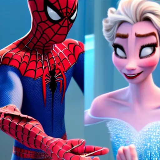 Image similar to spiderman and pregnant princess elsa talking in the kitchen, into the spiderverse cinematic render, ( 2 0 1 8 ) sony animation official media, clear details, award winning, blue gown, third trimester