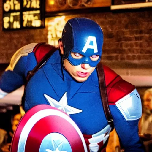 Image similar to captain america fighting the general public inside a wetherspoons pub