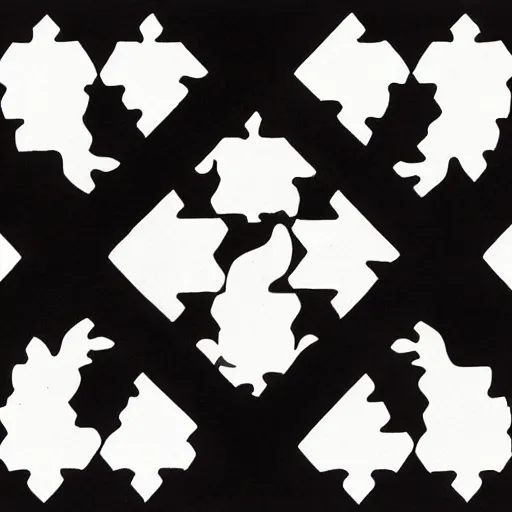 Image similar to a pattern of white wolves transitioning into black geese by mc escher, goose geese black, wolves canine species white, hexagonal pattern, crystallography, intricate details, shading, ink dots, mathematical interlocking, puzzle, screen print, lithography, frameless