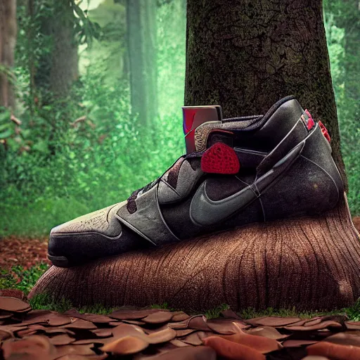 Image similar to a dirty nike air jordan sitting on a tree stump covered in mushrooms and forest foliage, 3 d model, octane render, hyper detailed, 4 k,