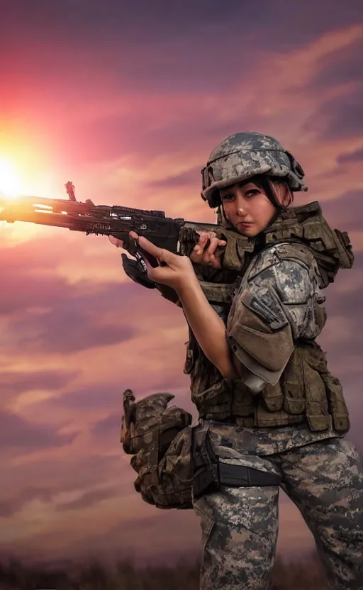 Prompt: female soldier fires back at the enemy while under heavy fire by the locals, highly detailed, high resolution, cosplay photo, stunning, real sunset, girls frontline style, bokeh soft, 100mm, trending on instagram, by professional photographer, realistic human anatomy, realistic military carrier, soldier clothing, modern warfare, realistic guns