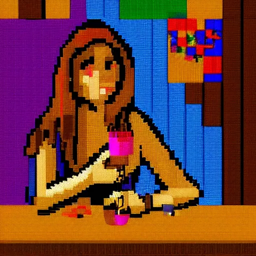 Image similar to pixel art, close up, gypsy woman sits at a wooden table, on the table are flasks of glowing liquids