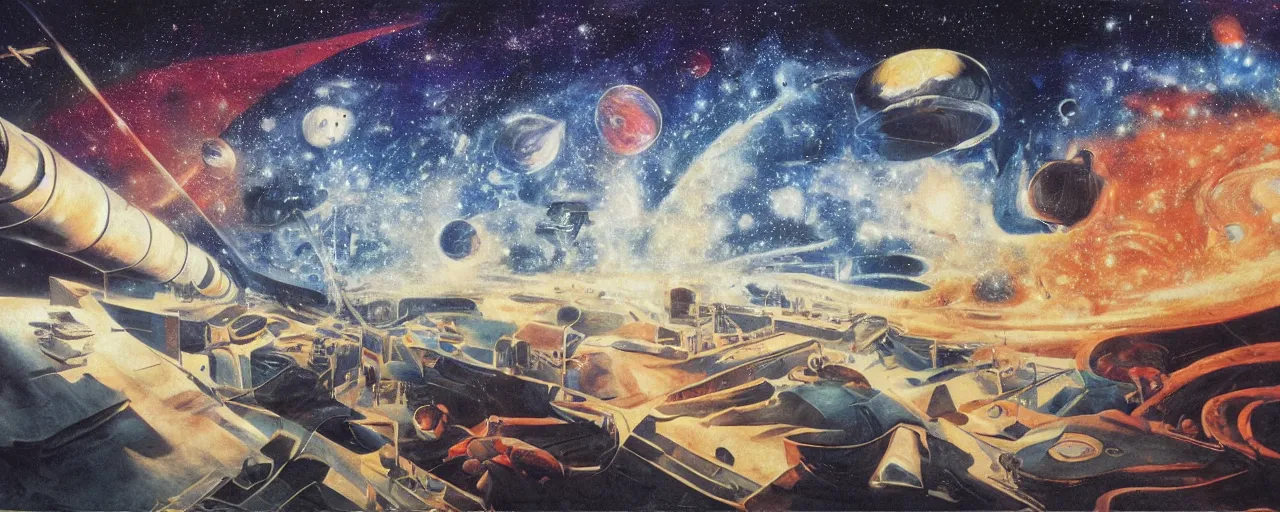 Prompt: rough texture, tempera, a beautiful future for space program, astronauts and space colonies, utopian, by david a. hardy, wpa, public works mural, socialist
