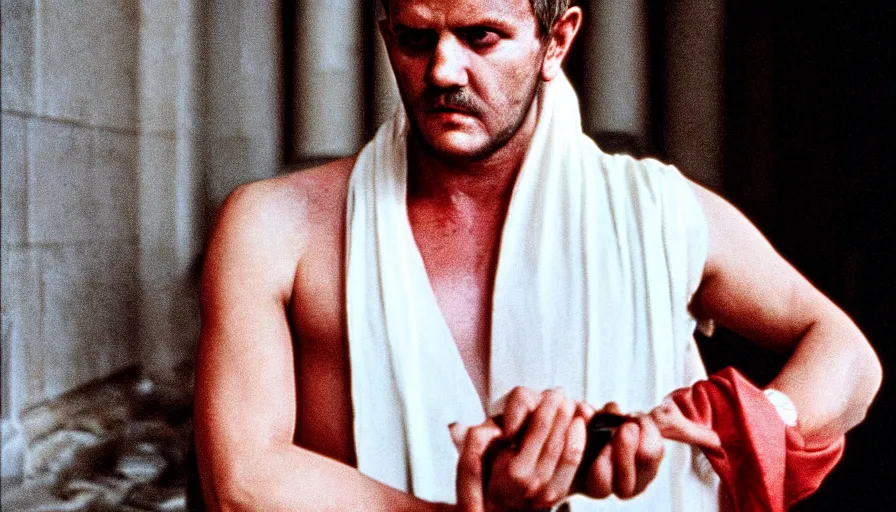 Prompt: 1 9 6 0 s movie still close - up of caligula in white toga bleeding knife wounded on marble stairs, cinestill 8 0 0 t 3 5 mm, high quality, heavy grain, high detail, dramatic light, anamorphic, detailed beard