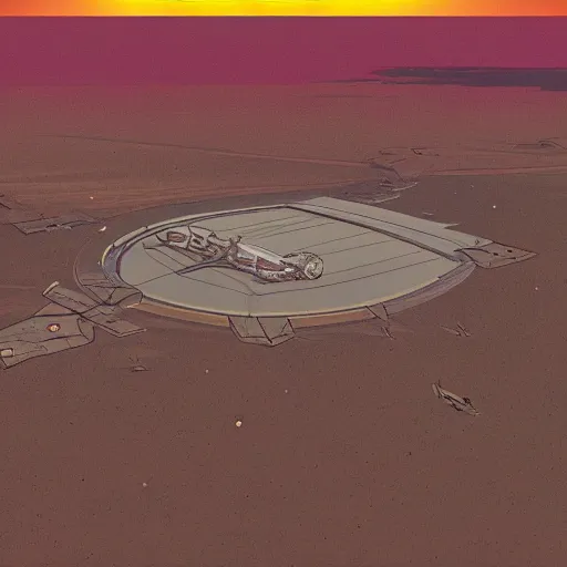 Image similar to busy spaceport in the desert, moebius, Jean Giraud, landscape, epic, artstation, dusk