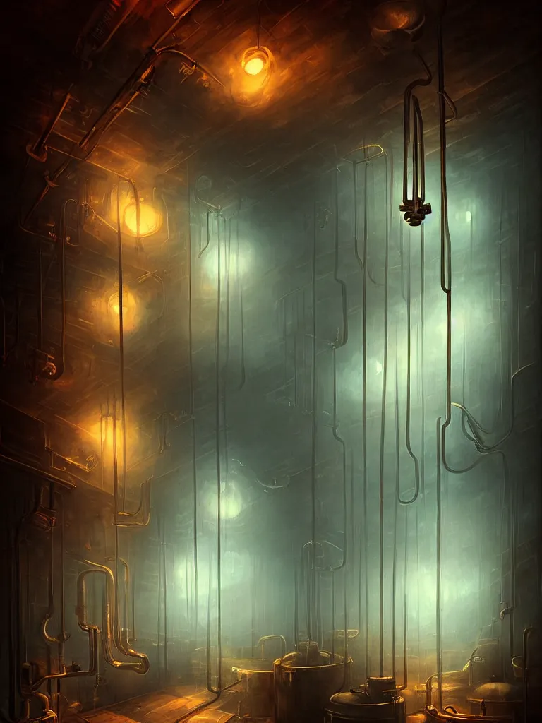 Prompt: inside a steampunk steam room with pipes and clocks, misty steam by Anato Finnstark, artstation behance