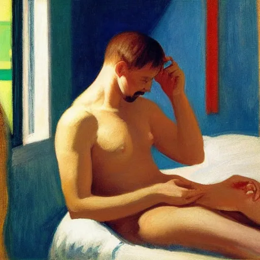 Prompt: an attractive topless man with a hair clip in lying in bed playing on a phone by Edward Hopper