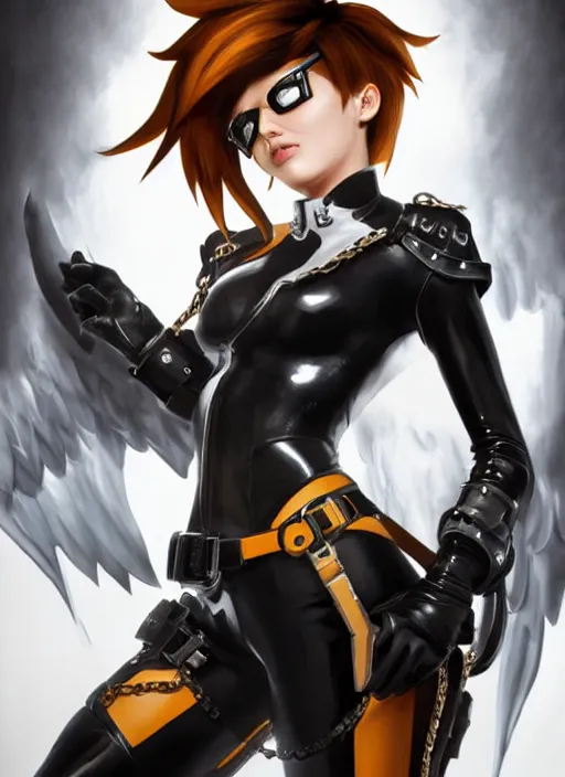 Image similar to full body artwork of tracer overwatch, wearing black latex outfit, in style of mark arian, angel wings, dramatic painting, wearing detailed leather collar, black shiny armor, chains, black harness, detailed face and eyes,