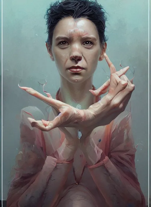 Prompt: it curses us to forever renegotiate the boundaries of the discrete, photorealistic portrait by michael komarck, greg rutkowski, victo ngai, artgerm and j. dickenson