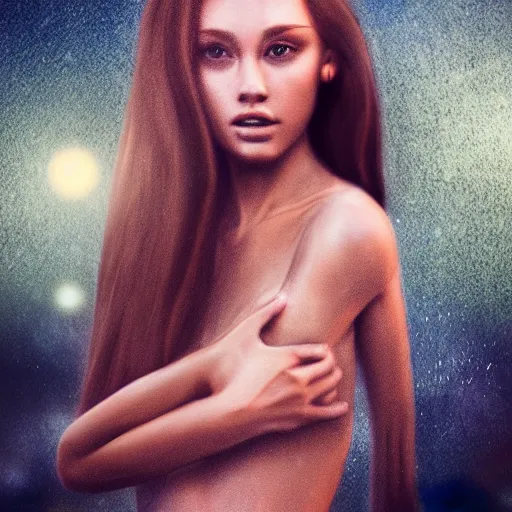 Image similar to a realistic digital art ultra detailed from Ariana grand super model photo taken at night by Waya Steurbaut, full body camera shot, photo realistic, cinematic, nigt, moon ligth