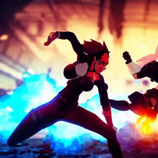 Prompt: black woman magic battle fighting spanish man, futuristic, arcade environment, guilty gear style, 3d, octane render, high definition, detailed, character art, movie poster