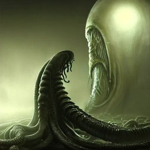 Image similar to Vicariously I, live while the whole world dies, ultra realist soft painting of the world of Lovecraft Elden Ring and Giger, gigantic oily tentacles and eyes, very intricate details, ultra dense fog, golden ratio, volumetric black and white lighting, reflections, refractions, symmetry accurate anatomy features, octane render