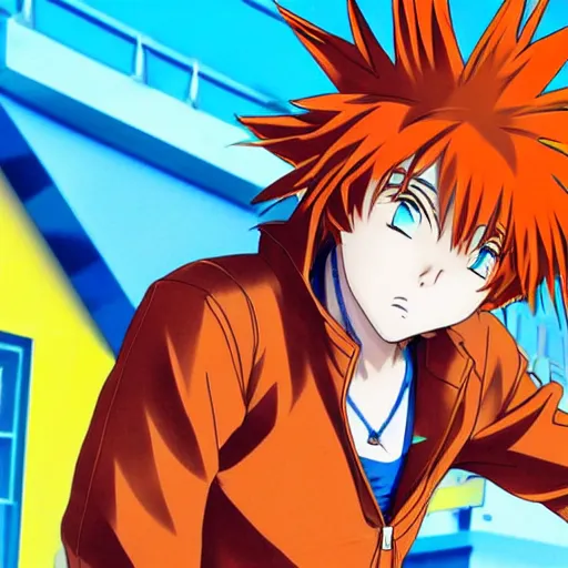 Prompt: orange - haired anime boy, 1 7 - year - old anime boy with wild spiky hair, wearing red jacket, running past colorful building, red - yellow - blue colored building, turquoise aquamarine windows, strong lighting, strong shadows, vivid hues, ultra - realistic, sharp details, subsurface scattering, intricate details, hd anime, 2 0 1 9 anime