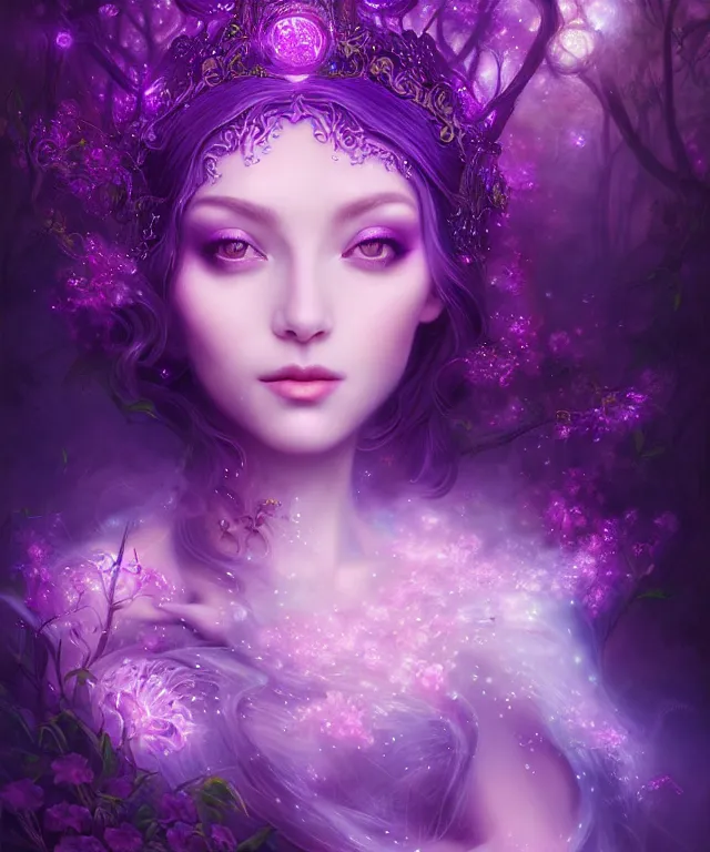 Prompt: ultra detailed, magical realism, portrait painting, of the beautiful empress within the enchanted purple forest, glowing purple, volumetric lighting, illusion, intricate details, by ross tran.