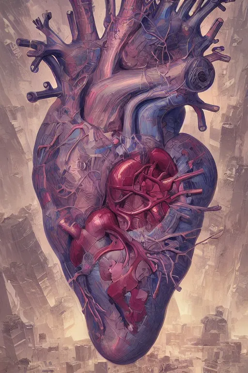 Image similar to anatomical heart, tooth wu, dan mumford, beeple, wlop, rossdraws, james jean, marc simonetti, artstation giuseppe dangelico pino and michael garmash and rob rey and greg manchess and huang guangjian and makoto shinkai