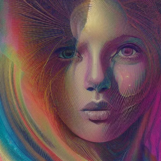 Image similar to beautiful detailed artistic portrait of a person travelling between different astral planes. reality is more than you think. stripes if light. grainy and rough. fine detail. soft colour scheme. artistic detailed painting by lurid ( 2 0 2 2 ). featured on deviantart.