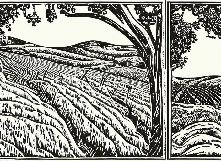 Prompt: wine label template, linocut vineyard landscape by greg rutkowski, fine details, highly detailed