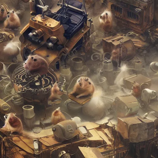 Prompt: oil painting of many hamsters, berets, guns, rocket launchers, close shot, medium shot, steampunk clothes, steampunk city background, sharp focus, fantasy style, octane render, volumetric lighting, 8k high definition, by greg rutkowski, highly detailed, trending on art Station, explosions, centered