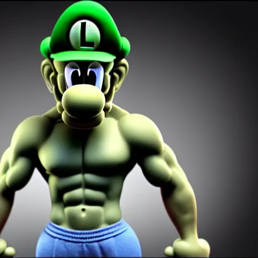 Prompt: Amazing detailed 3D render of a shirtless Luigi as a body builder in a weight lifting competition, extremely muscular, steroids, veins popping out, a crowd is cheering in the background, 3D, unreal engine, HDR, massive muscles, detailed face, detailed eyes with pupils, face is visible, detailed green Luigi \'L\' on his hat, dramatic lighting that highlights his muscles and veins