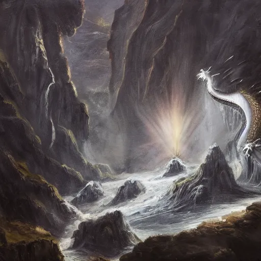 Image similar to oil painting of a dragon flying in the air near a cave with a waterfall in the center, light emanating from the waterfall leading to a big pool of water, dragon has black and white siberian tiger stripes, elegant, sharp focus, wide shot, clear, detailed, early renaissance