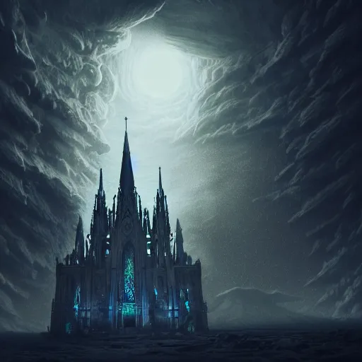 Prompt: a beautiful detailed 3 d matte cathedral on the moon, ominous, magical realism, texture, intricate, skull, skeleton, whirling smoke radiant colors, fantasy, volumetric lighting, high details